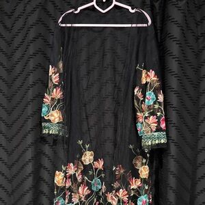 SHEIN Floral Embroidered Black Sheer Kimono